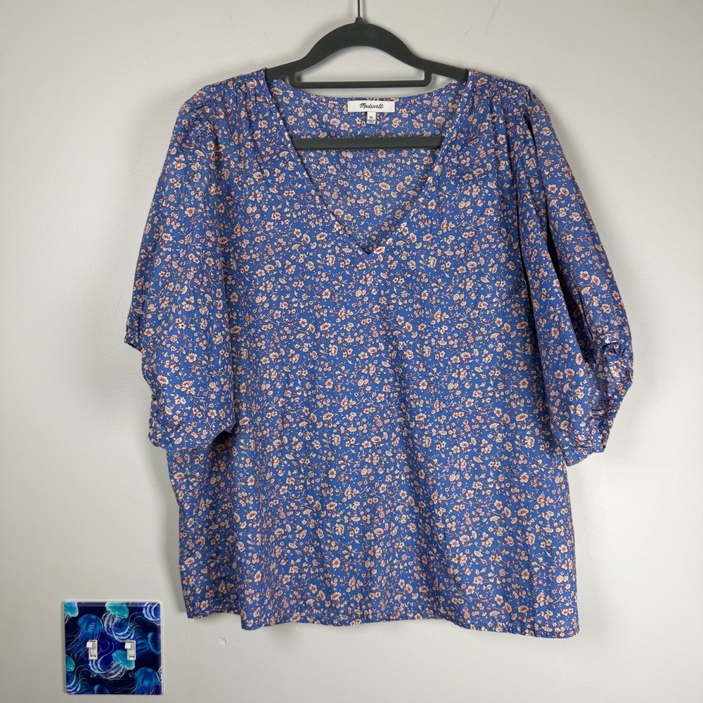 Madewell Floral Summer Vines Hermitage Blue Puff Sleeve VNeck Blouse Top Size XL - Picture 2 of 9